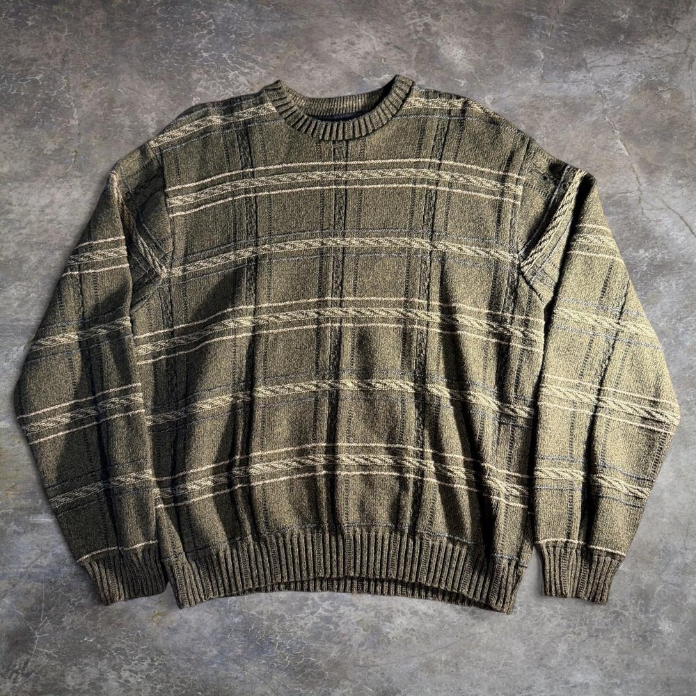 Haggar Plaid Knit Crewneck Sweater Mens XL Green Gray Grandpa 90s Vintage Style